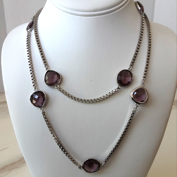 ANNE KLEIN Station Faux Amethyst Facet Silver Box Chain Toggle Long Necklace 40" - Picture 1 of 6